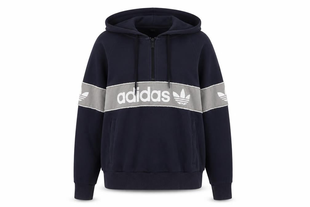 Front view of Adidas Women Navy Blue Pullover Hoodie, size L, Cotton Blend Logo