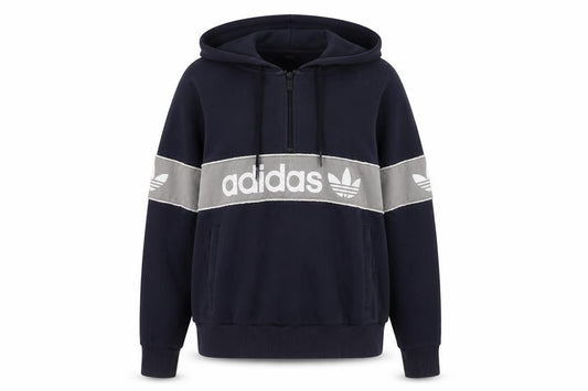Front view of Adidas Women Navy Blue Pullover Hoodie, size L, Cotton Blend Logo