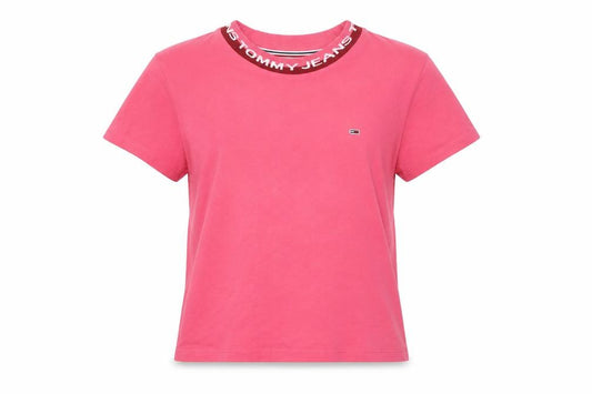 Front view of Tommy Jeans women’s pink cotton crew neck t-shirt, size M