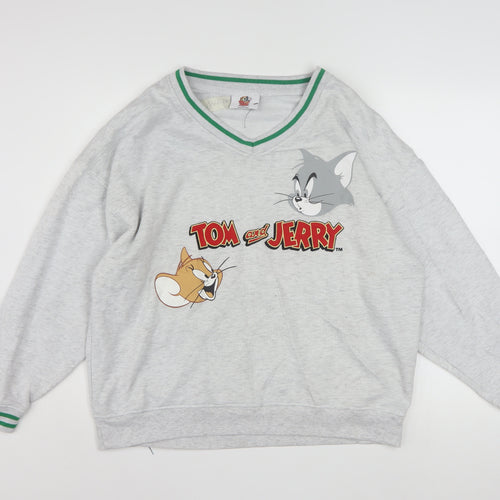 Tom and Jerry Grey V-Neck Pullover Sweatshirt Women S Polyester Blend