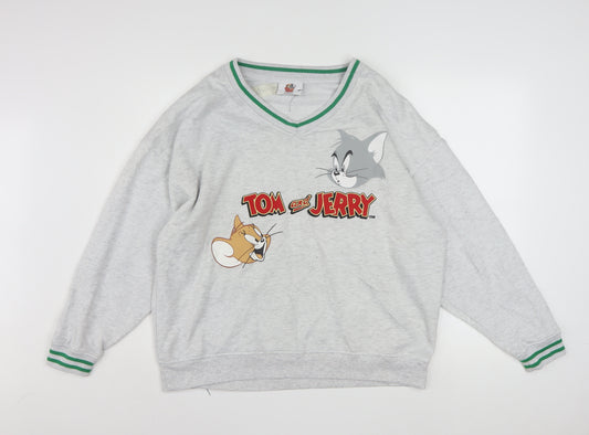 Tom and Jerry Grey V-Neck Pullover Sweatshirt Women S Polyester Blend