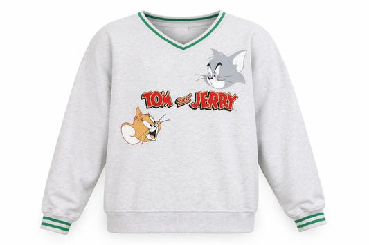 Front view of Tom and Jerry Grey V-Neck Pullover Sweatshirt Women S Polyester Blend