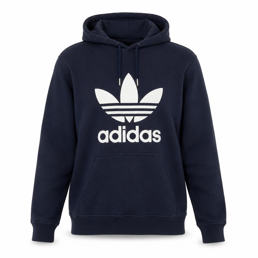 Front view of Adidas Men's Blue Pullover Hoodie Small Logo Fleece Sweatshirt