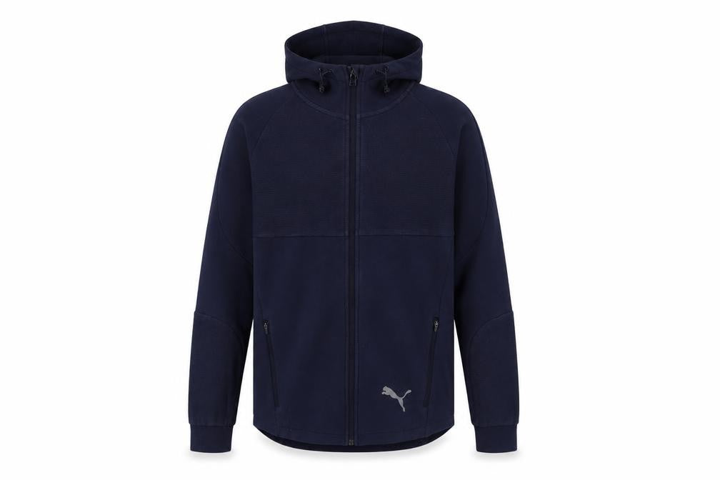 Front view of Puma men’s navy full zip hoodie small cotton blend activewear