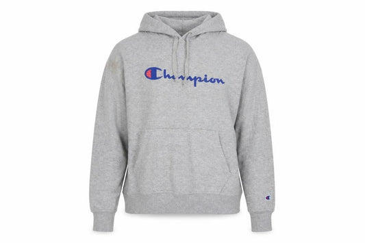 Front view of Champion women’s grey pullover hoodie small athletic logo sweatshirt
