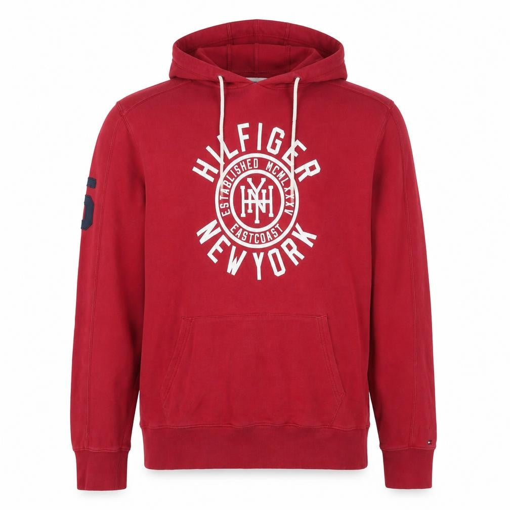 Front view of Tommy Hilfiger Men’s Red Pullover Hoodie L Vintage Fit Logo Graphic