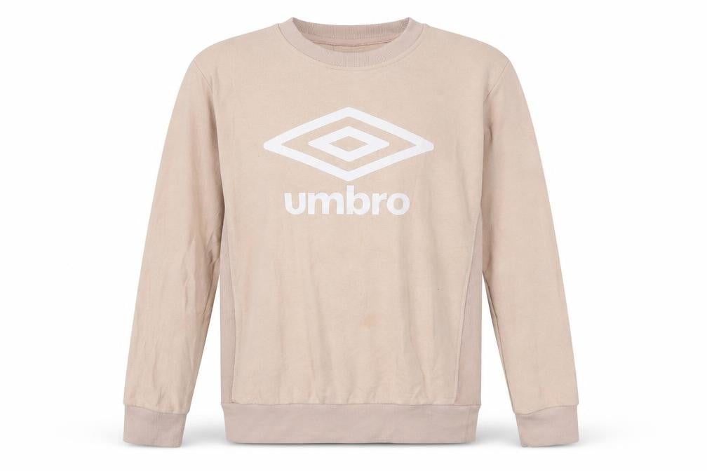 Front view of Umbro men’s beige logo pullover sweatshirt, size M
