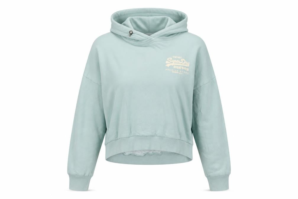 Front view of Superdry Women's Mint Green Pullover Hoodie, size 18, Graphic Print