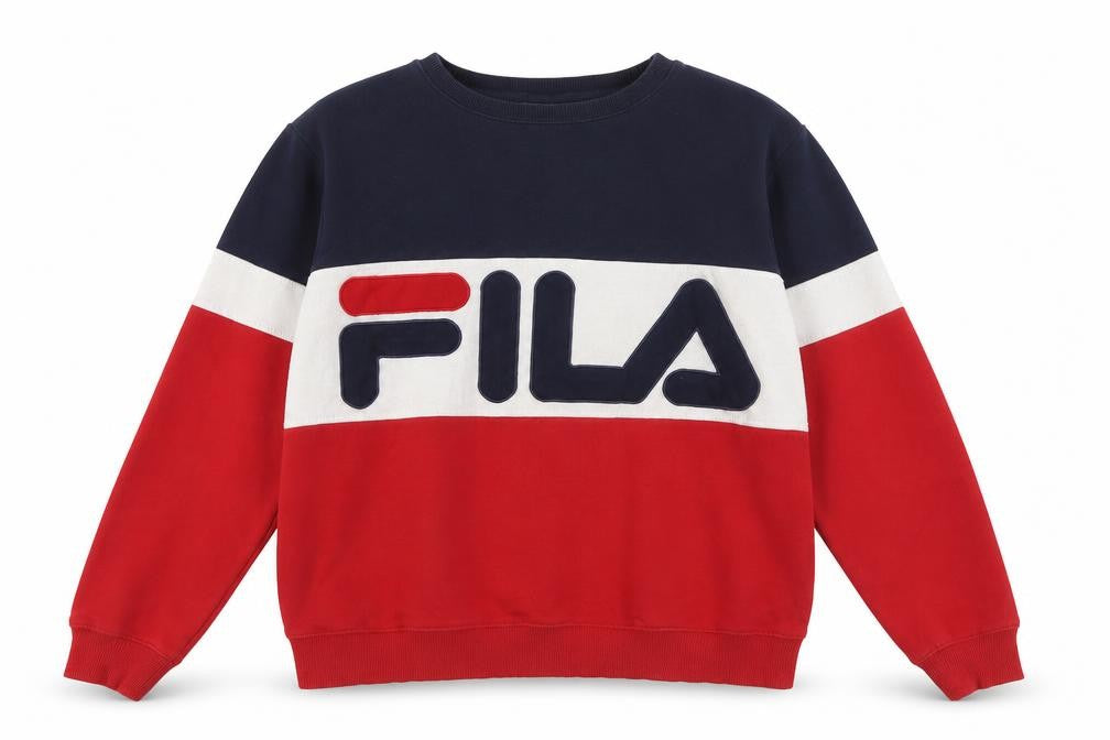 Front view of Fila women’s red blue colourblock crew neck sweatshirt, size UK 10