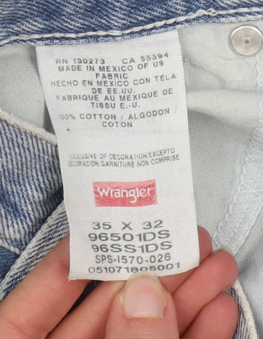 Wrangler Men's Blue Light Wash Straight Leg Denim Jeans 35x32 Regular Fit