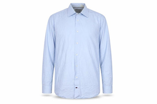 Front view of Tommy Hilfiger Men's Blue Regular Fit Long Sleeve Button-Up Shirt, size 15.75/40