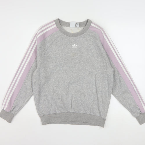 Adidas Women Grey & Lilac 3-Stripes Crew Neck Pullover Sweatshirt XS