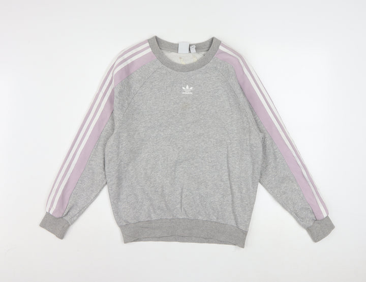 Adidas Women Grey & Lilac 3-Stripes Crew Neck Pullover Sweatshirt XS