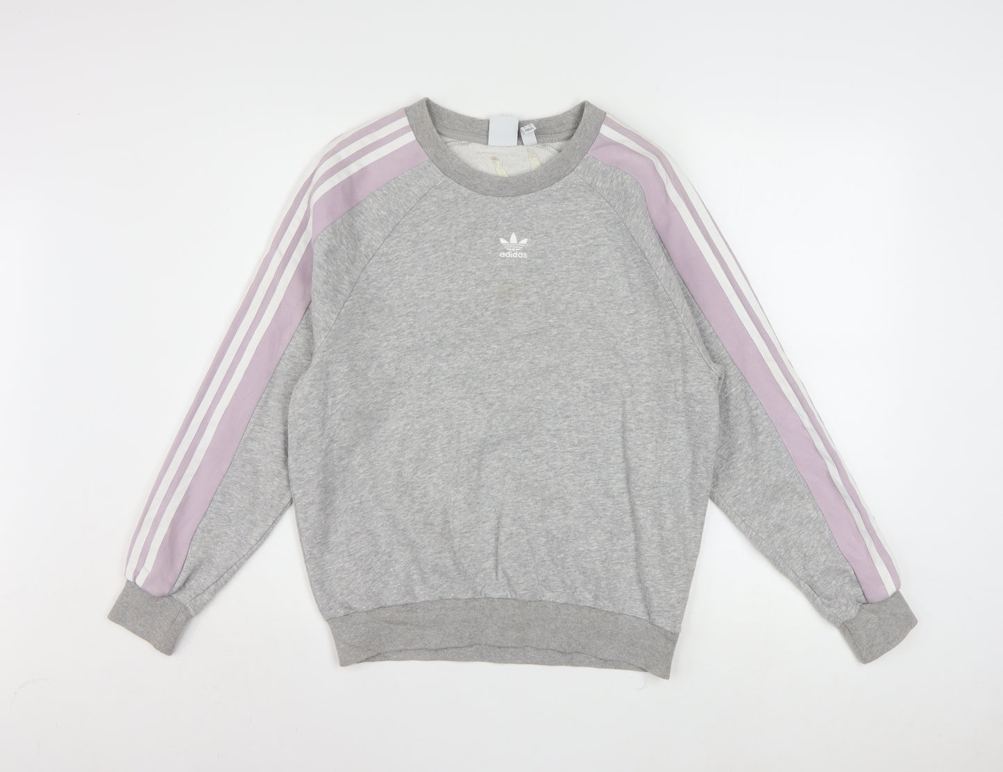 Adidas Women Grey & Lilac 3-Stripes Crew Neck Pullover Sweatshirt XS