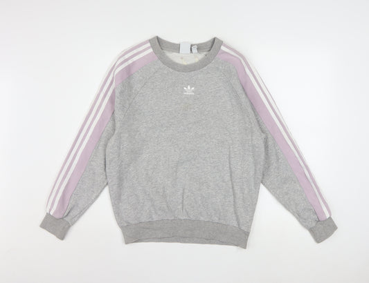 Adidas Women Grey & Lilac 3-Stripes Crew Neck Pullover Sweatshirt XS