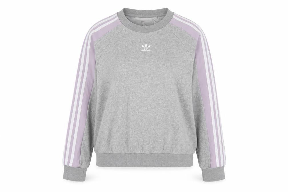 Front view of Adidas Women Grey & Lilac 3-Stripes Crew Neck Pullover Sweatshirt XS