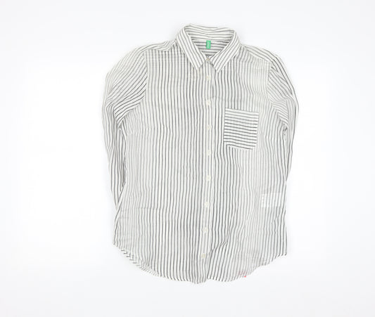 Benetton Women’s White Striped Cotton Silk Button-Up Shirt Size S