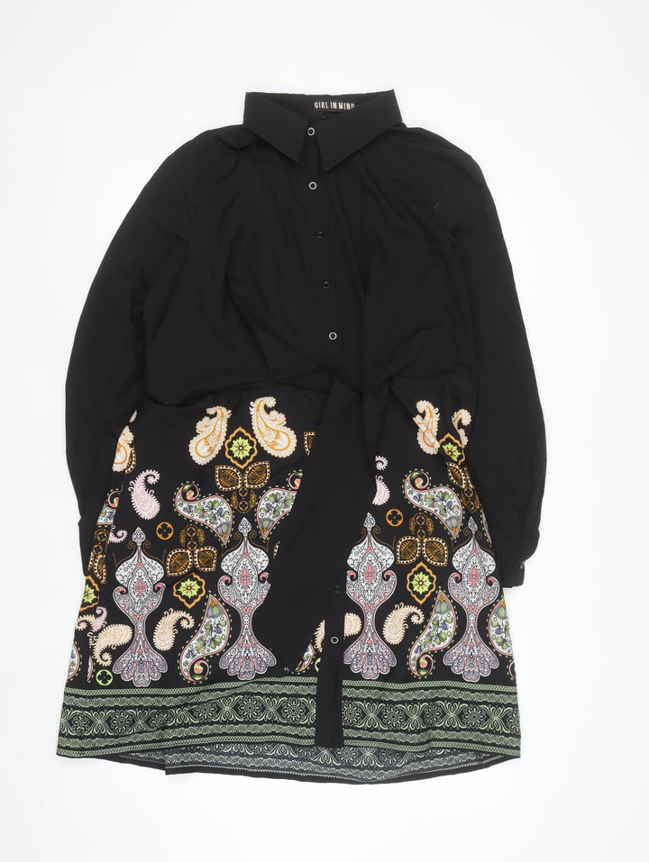 Girl In Mind Women Black Paisley Shirt Dress Size 16 Long Sleeve