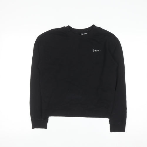 H&M Divided Women Black XS Pullover Sweatshirt with Love Embroidery