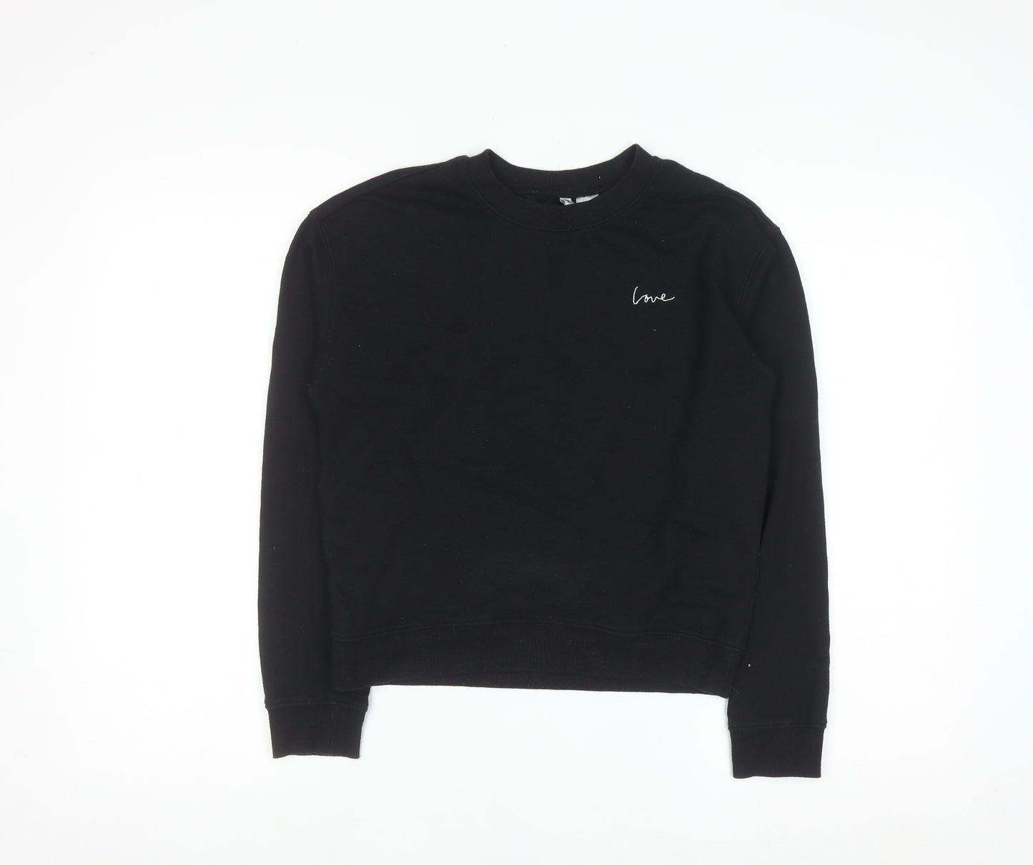 H&M Divided Women Black XS Pullover Sweatshirt with Love Embroidery
