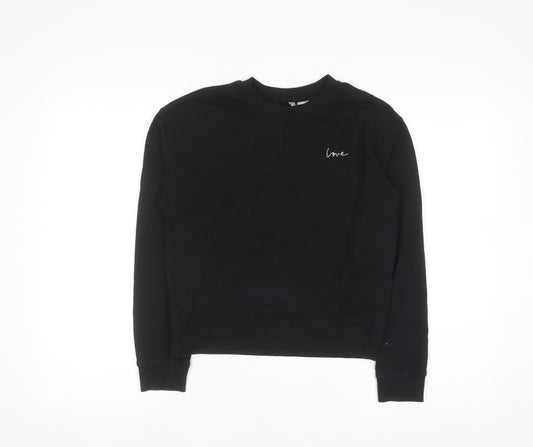 H&M Divided Women Black XS Pullover Sweatshirt with Love Embroidery