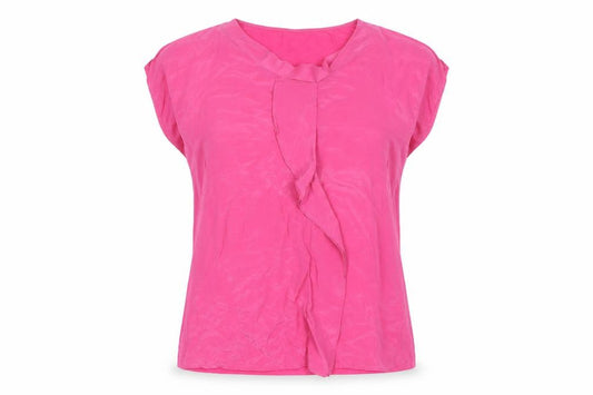 Front view of East Women’s Pink Silk Blend Ruffle V-Neck Sleeveless Tunic Blouse, size UK 12