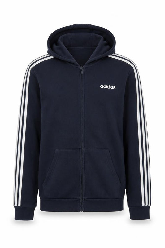 Front view of Adidas Men's Blue Full Zip Hoodie, size M, Sportswear Hooded Sweatshirt