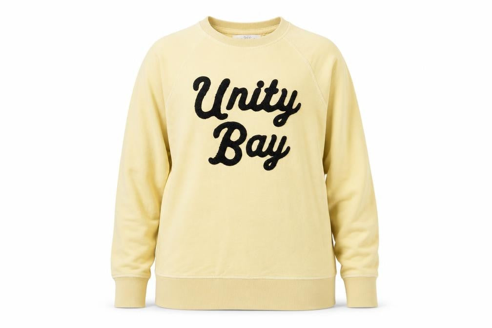 Front view of H&M L.O.G.G. women’s yellow pullover sweatshirt, size UK 12, cotton blend