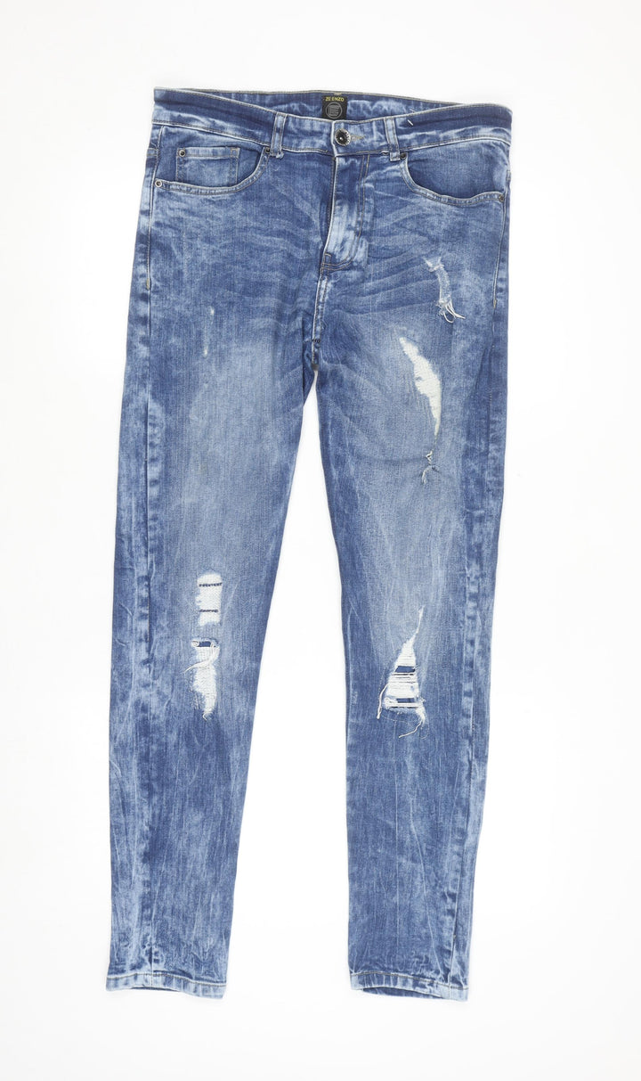 ZE ENZO Men's Blue Distressed Slim Fit Denim Jeans 30R