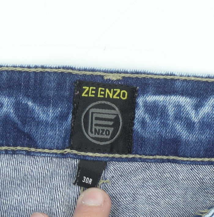 ZE ENZO Men's Blue Distressed Slim Fit Denim Jeans 30R