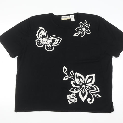 Alfred Dunner Women Black 2XL Floral Butterfly Knit Short Sleeve Jumper