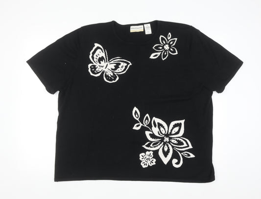 Alfred Dunner Women Black 2XL Floral Butterfly Knit Short Sleeve Jumper