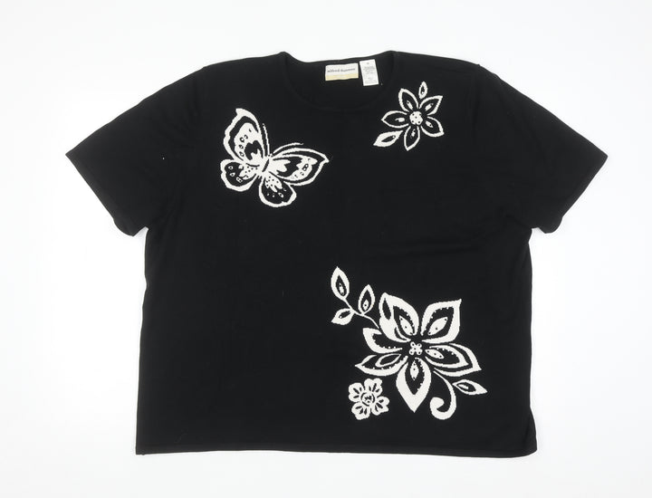 Alfred Dunner Women Black 2XL Floral Butterfly Knit Short Sleeve Jumper