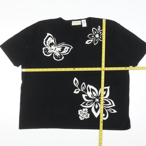 Alfred Dunner Women Black 2XL Floral Butterfly Knit Short Sleeve Jumper