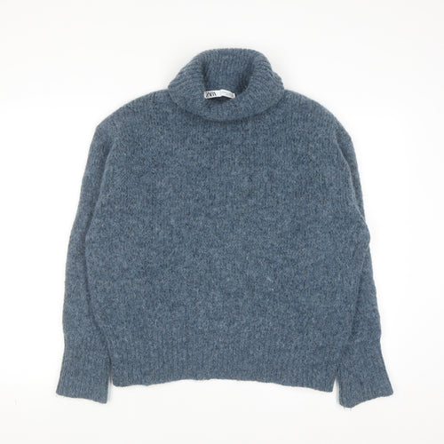 ZARA Women Blue Roll Neck Chunky-Knit Wool Blend Jumper Size 12