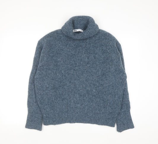 ZARA Women Blue Roll Neck Chunky-Knit Wool Blend Jumper Size 12