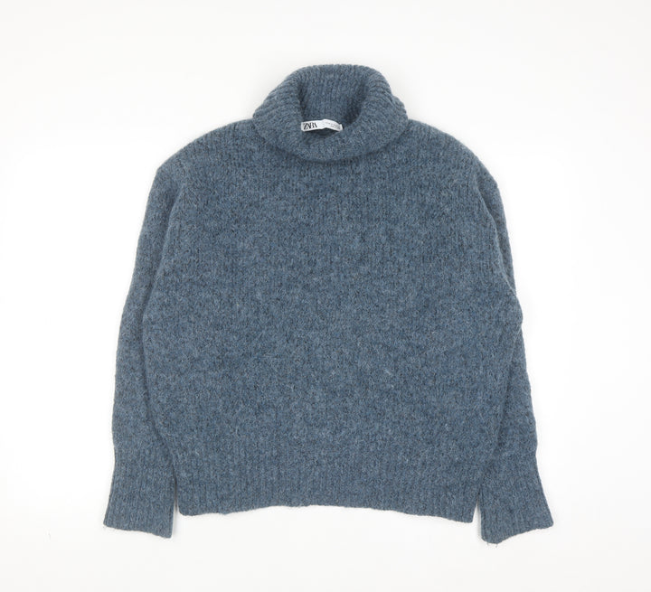 ZARA Women Blue Roll Neck Chunky-Knit Wool Blend Jumper Size 12