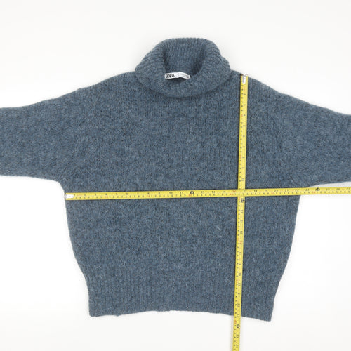 ZARA Women Blue Roll Neck Chunky-Knit Wool Blend Jumper Size 12