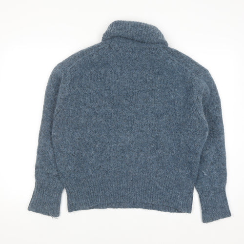 ZARA Women Blue Roll Neck Chunky-Knit Wool Blend Jumper Size 12