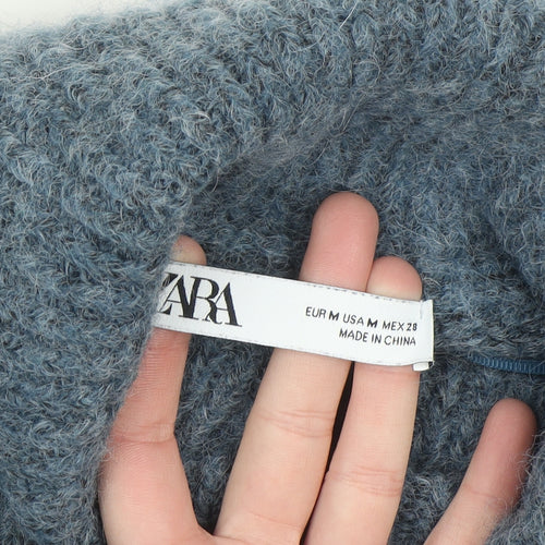 ZARA Women Blue Roll Neck Chunky-Knit Wool Blend Jumper Size 12