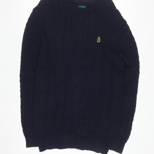 Luke Sport Men's Navy Blue Cotton Cable-Knit Crew Neck Jumper M