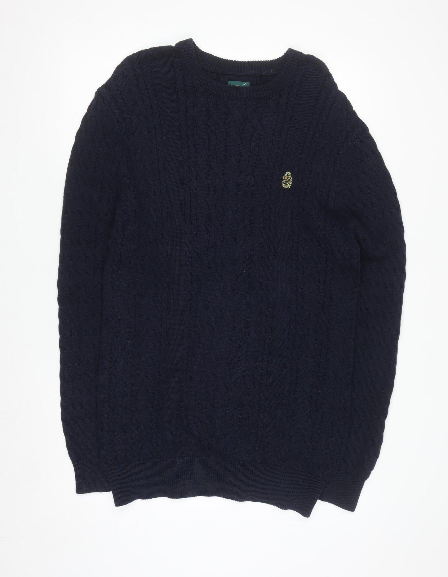 Luke Sport Men's Navy Blue Cotton Cable-Knit Crew Neck Jumper M