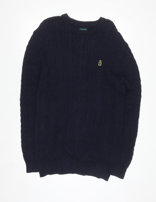 Luke Sport Men's Navy Blue Cotton Cable-Knit Crew Neck Jumper M