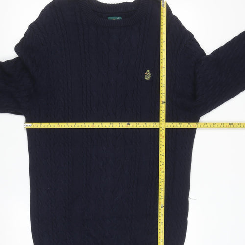 Luke Sport Men's Navy Blue Cotton Cable-Knit Crew Neck Jumper M