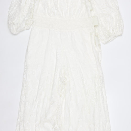 FARM Rio for Anthropologie Women's Ivory Off-Shoulder Embroidered Jumpsuit M