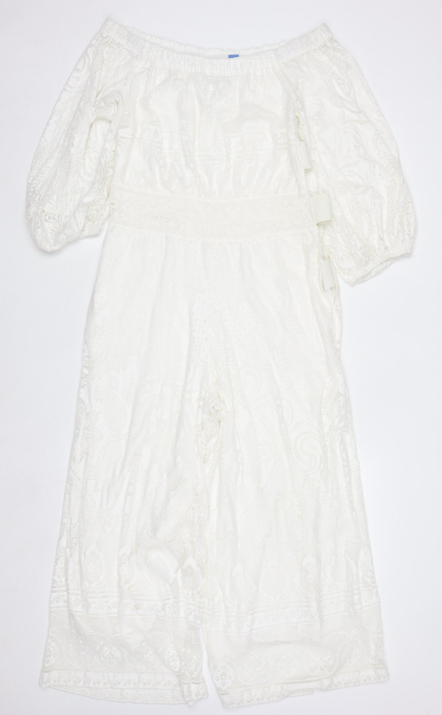 FARM Rio for Anthropologie Women's Ivory Off-Shoulder Embroidered Jumpsuit M