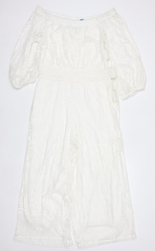 FARM Rio for Anthropologie Women's Ivory Off-Shoulder Embroidered Jumpsuit M