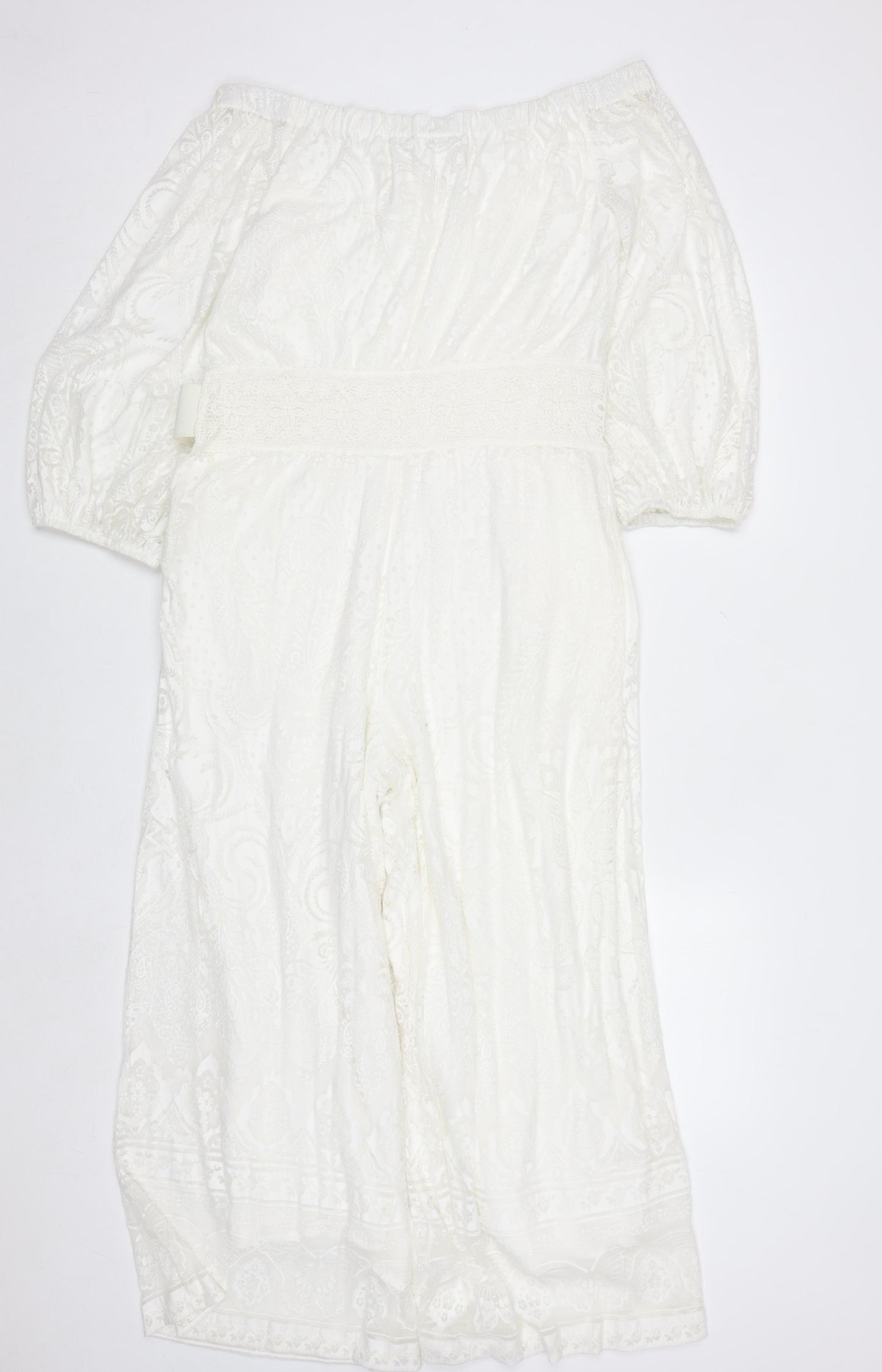 FARM Rio for Anthropologie Women's Ivory Off-Shoulder Embroidered Jumpsuit M