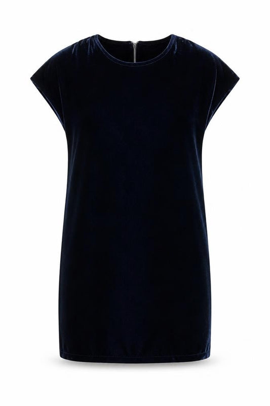 Front view of O Polí's Fiftythree:2 Women's Navy Velvet Shift Dress, size S