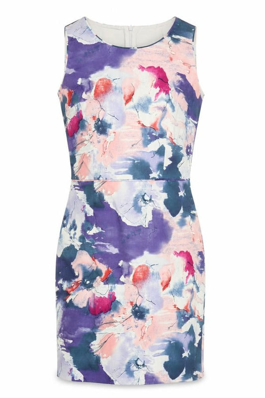 Front view of Oasis Women’s Multicoloured Floral Sheath Dress, size UK 12, Sleeveless